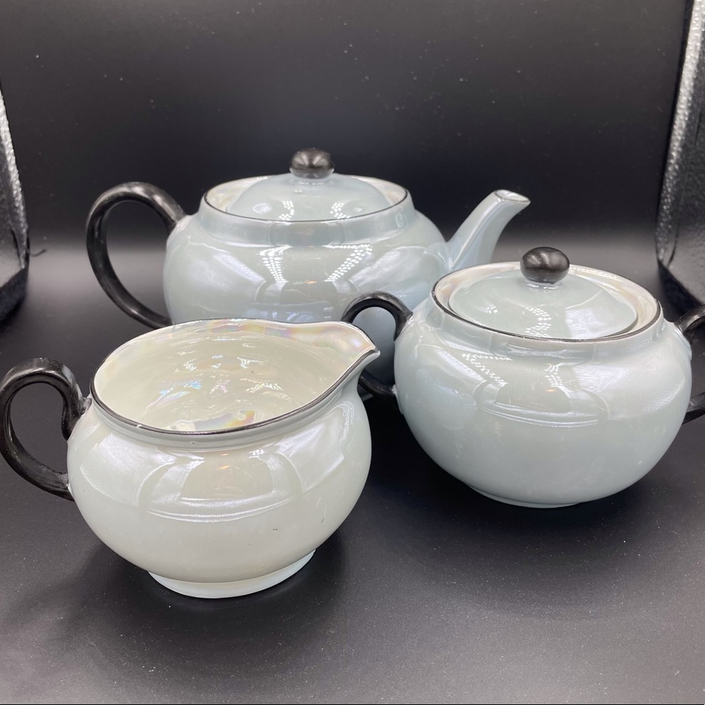 ANTQ. Victoria Czechoslovakia Blue & black Art Deco lustreware teapot 3 pcs set